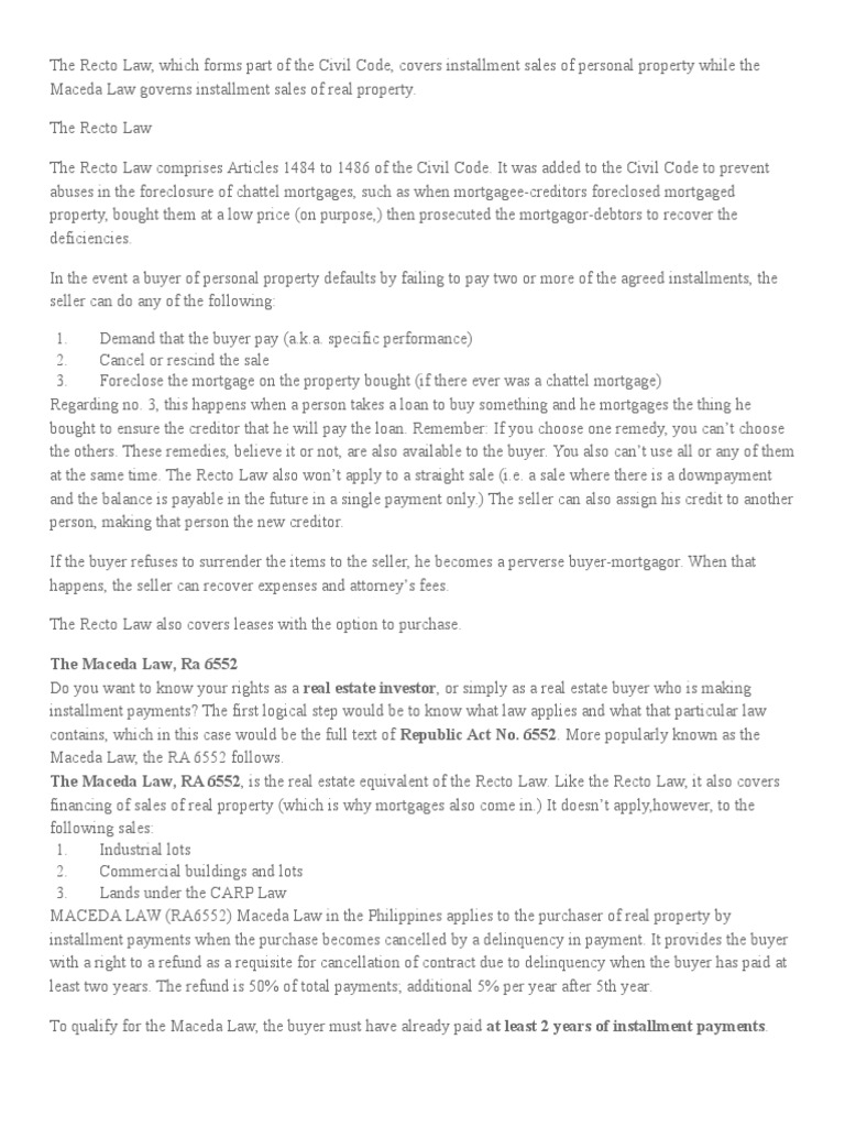 Recto and Maceda Law Overview | PDF | Foreclosure | Mortgage Loan