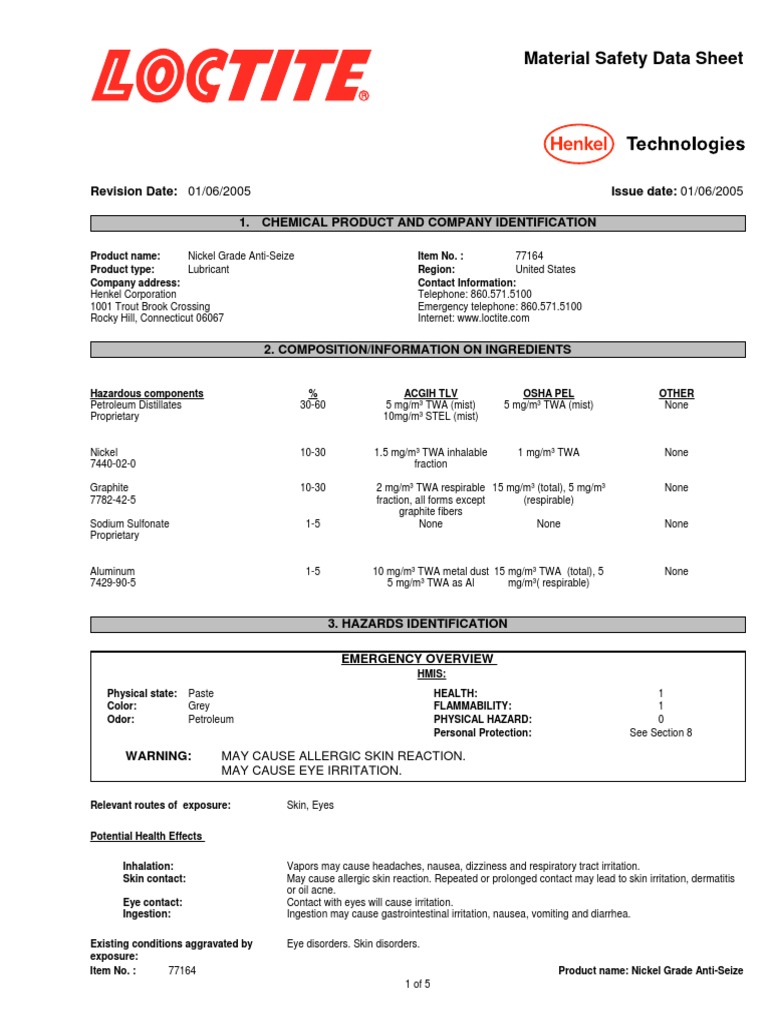 Loctite Nickel Grade Anti Seize Dangerous Goods Chemistry