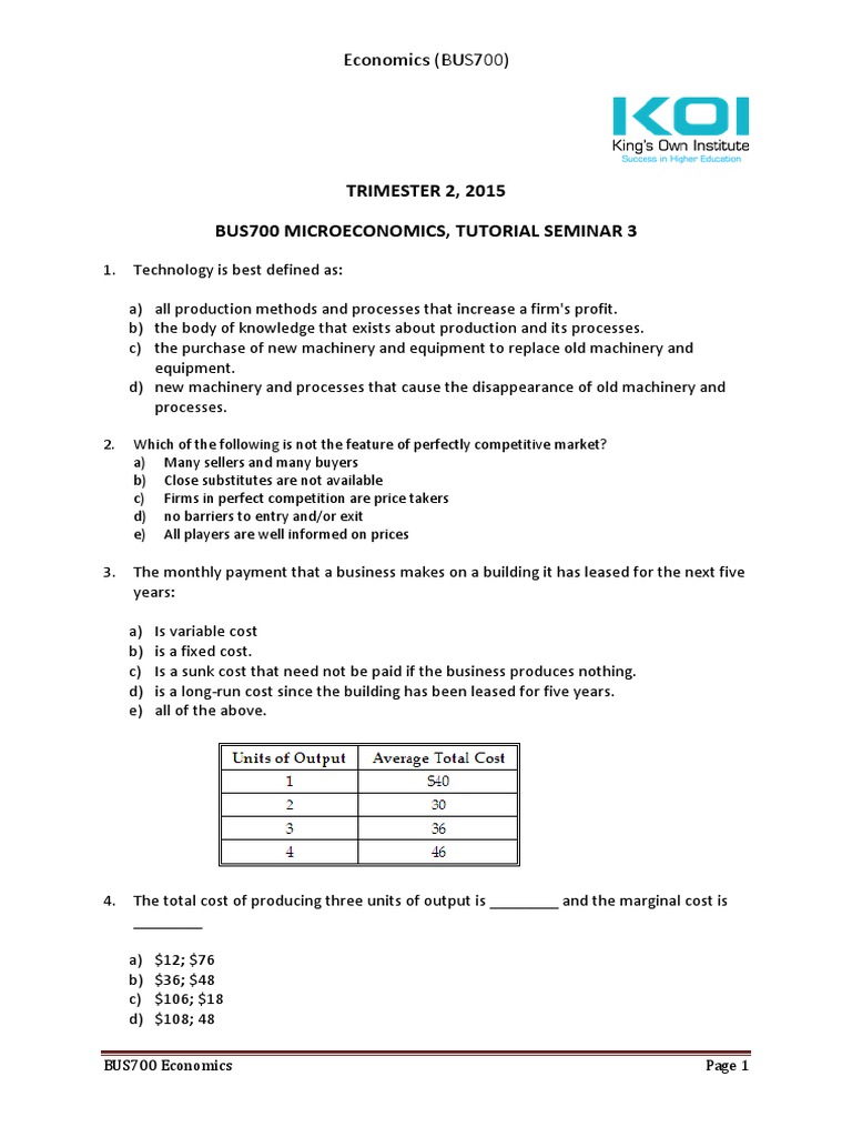 Micro Tutorial Seminar 3 Pdf Market Economics Economics