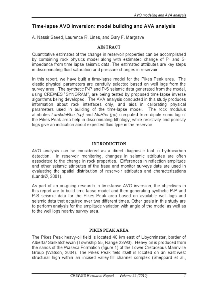 Time-Lapse AVO Inversion: Model Building and AVA Analysis | PDF ...
