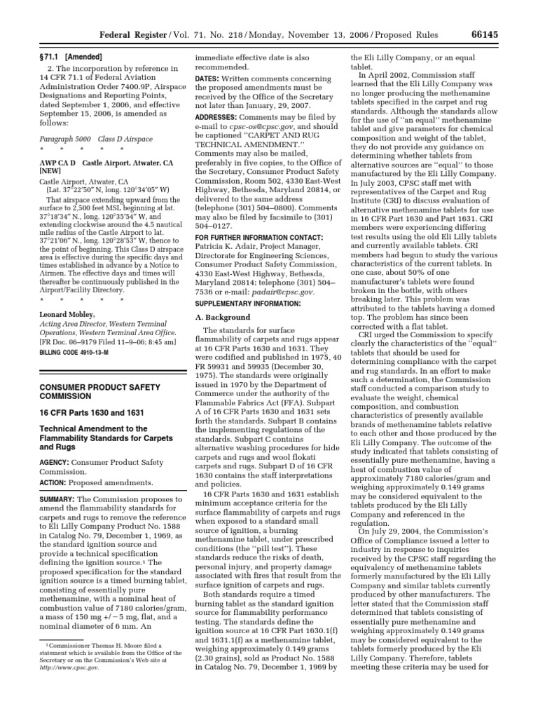 Proposed Rule Flammable Fabrics Act Carpets and rugs; flammability