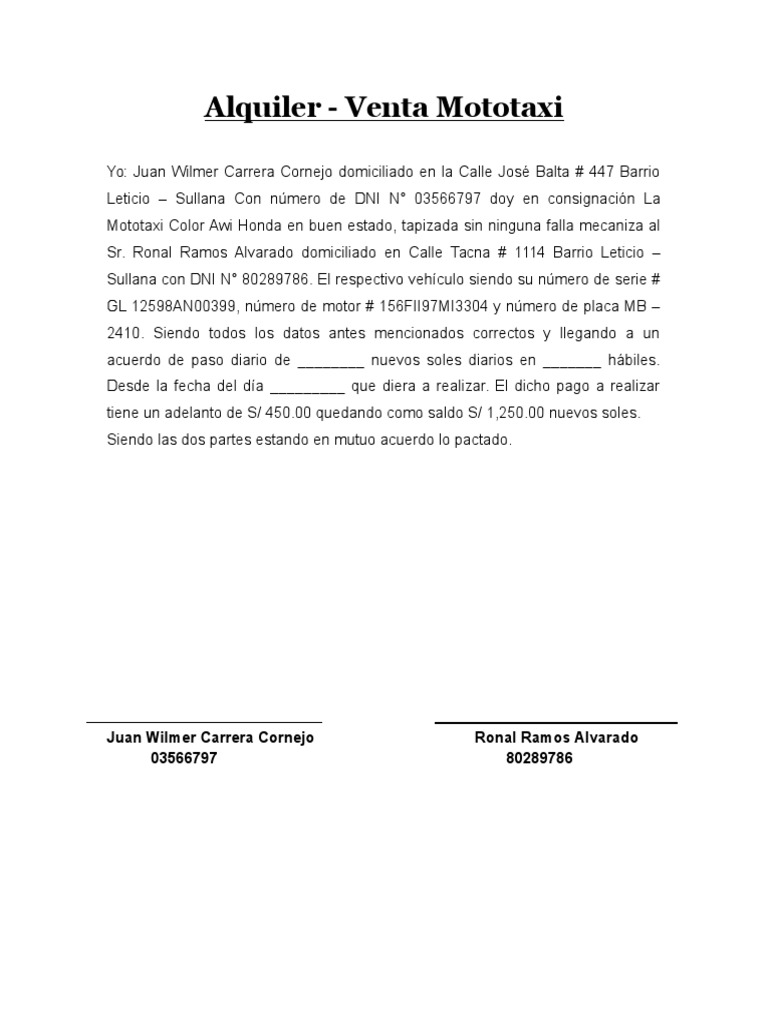 Contrato de Alquiler de Mototaxi | PDF