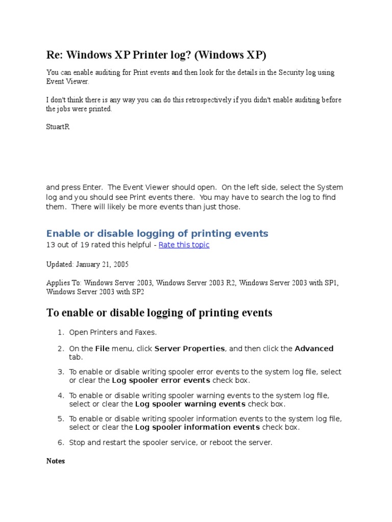 Re Windows XP Printer Log? (Windows XP) Enable or Disable Logging of