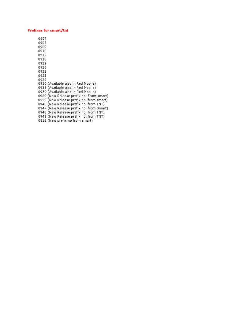 Smart/TNT Number Prefixes List | PDF | Computers | Technology & Engineering