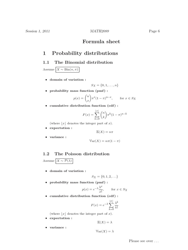 Formula Sheet 1 Probability Distributions: 1.1 The Binomial ...