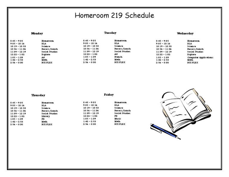 Homeroom 219 Weekly Class Schedule | PDF