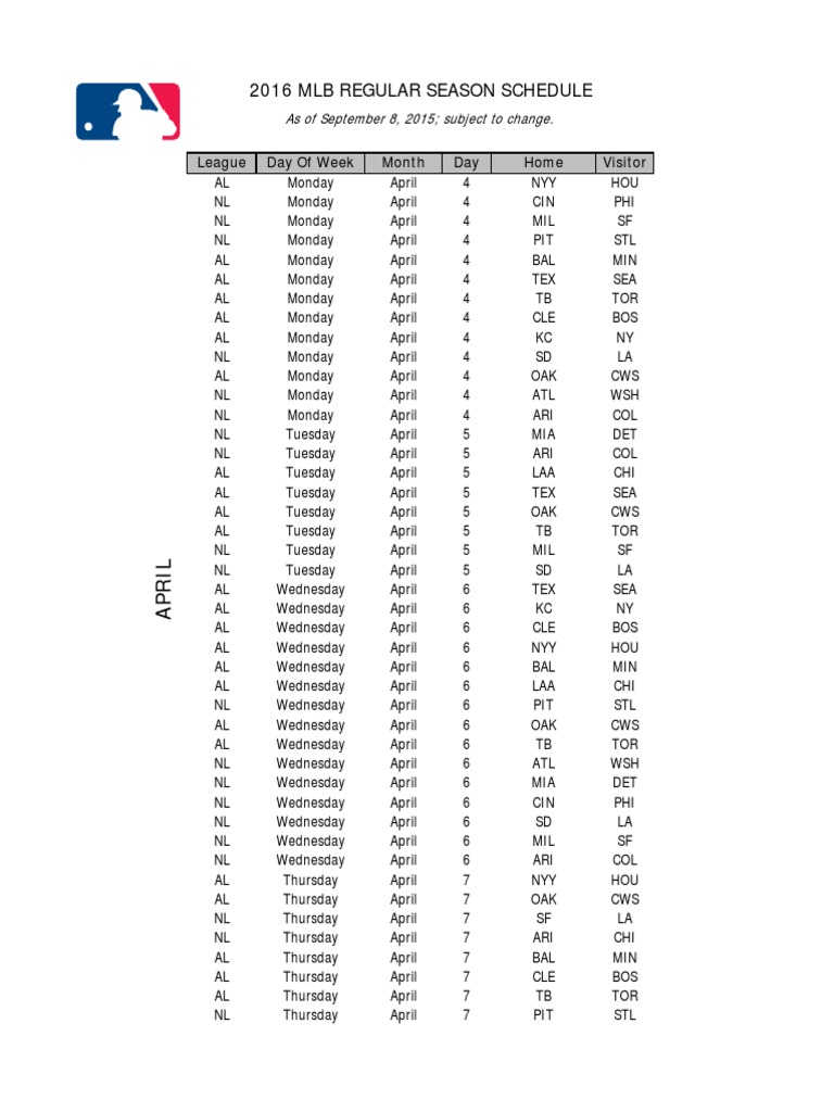 2016 Tentative MLB Regular Season Schedule