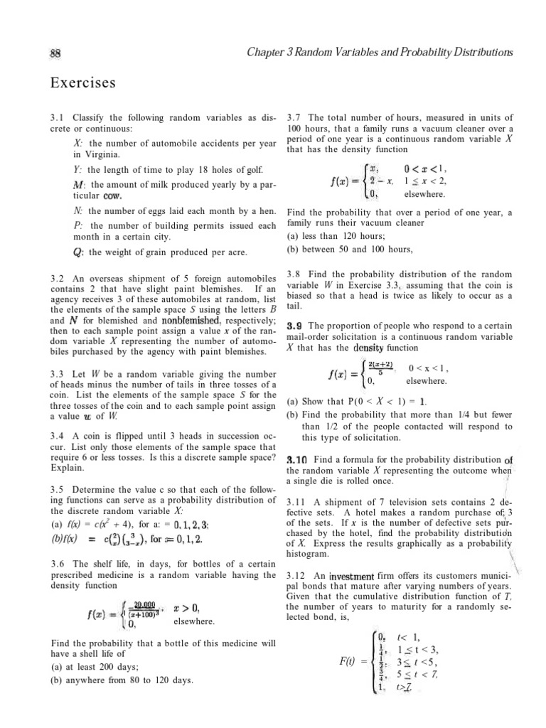 Random Variables and Probability Exercises | PDF | Probability Density ...