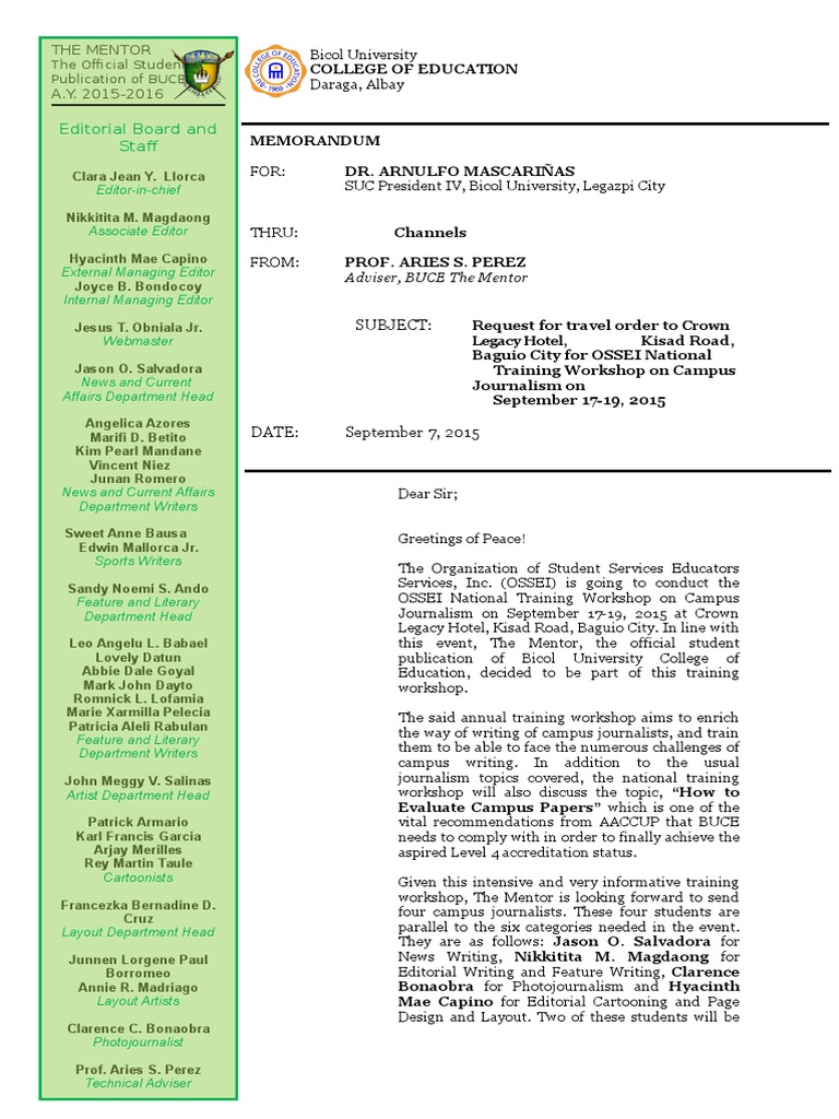 Sample Letter Requesting for Travel Order News Media Mass Media