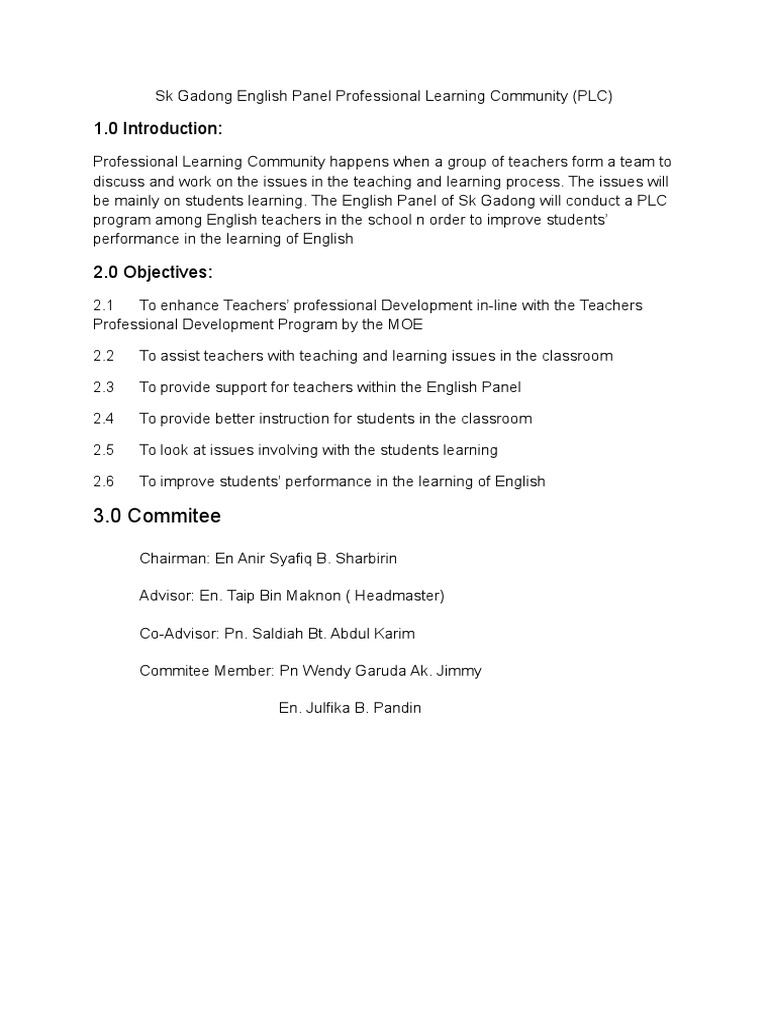 Sk Gadong English Panel Professional Learning Community Pdf