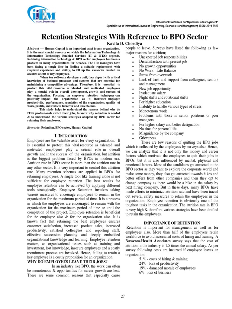 Retention Strategies With Reference To BPO Sector PDF Employee