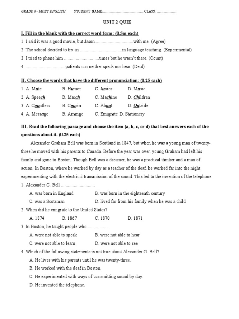 Moet English Grade 8 Unit 2 Quiz | PDF | Hearing Loss | Communication