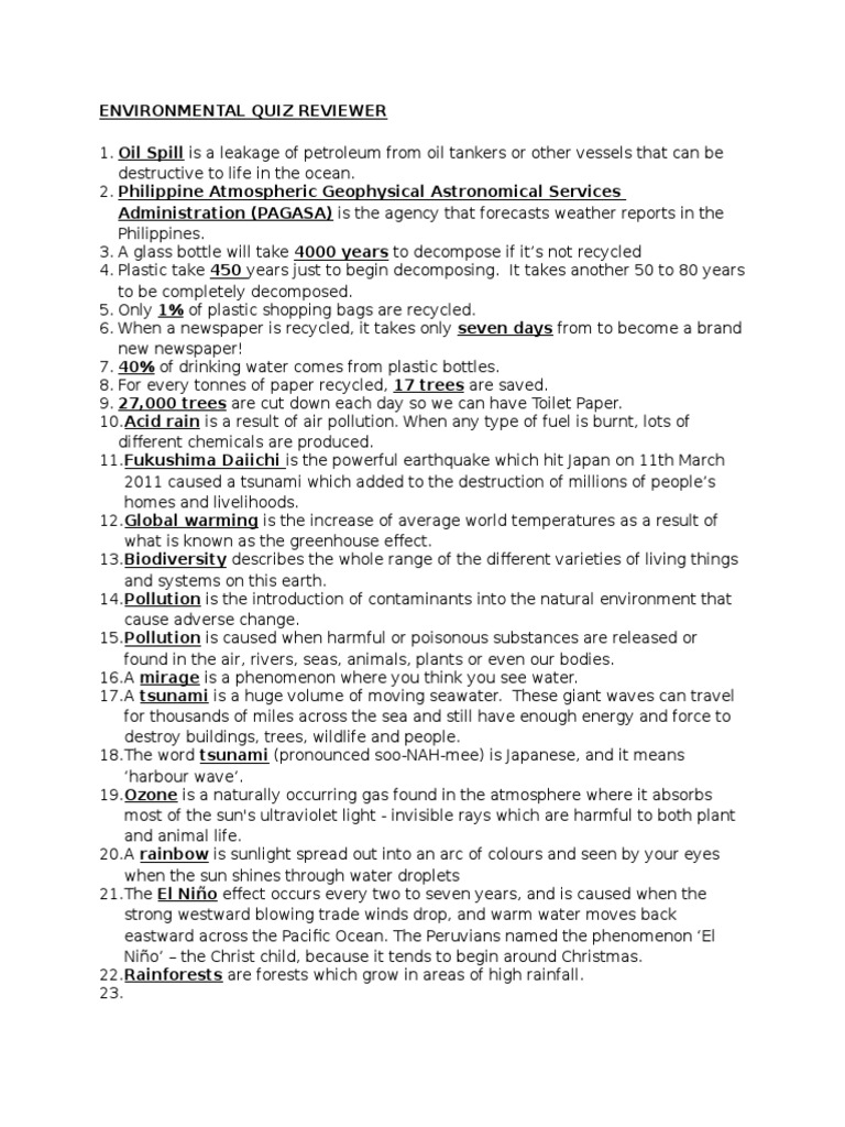 Environmental Quiz Reviewer Guide Pdf Atmosphere Of Earth Sea