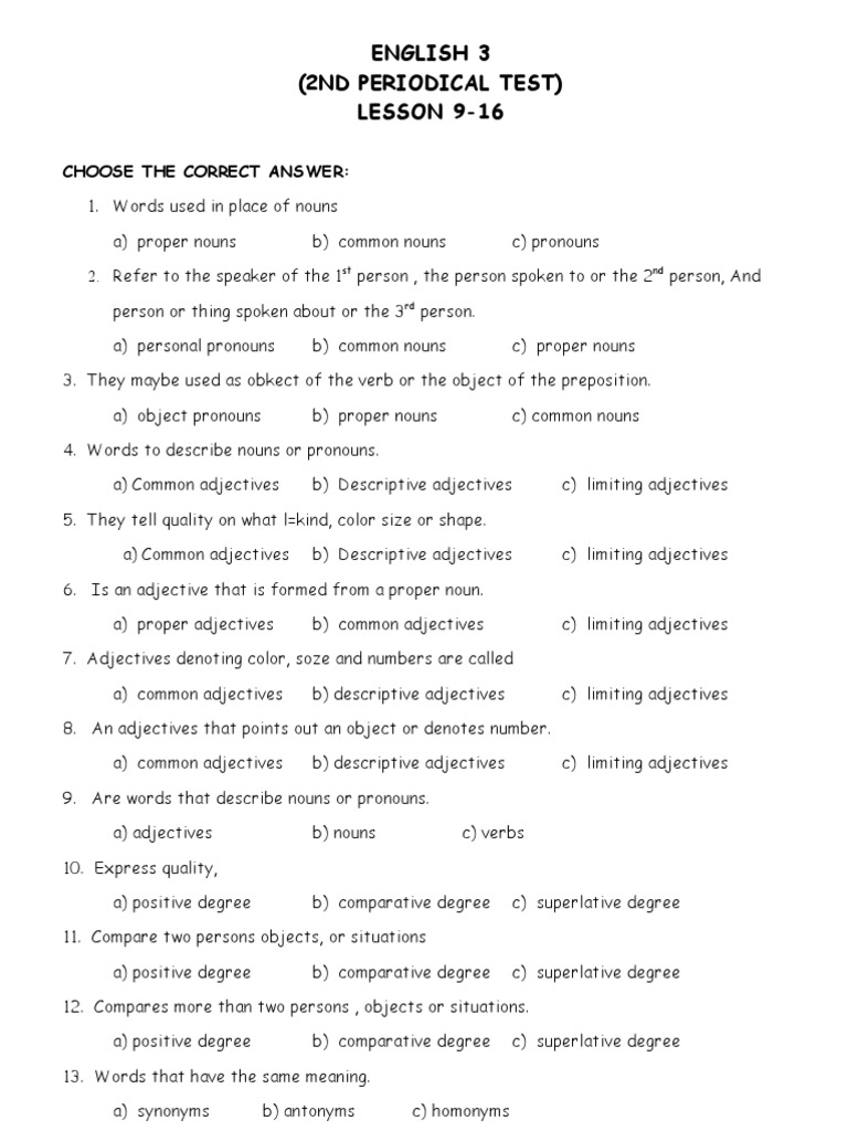 English 3 2nd Periodical Test Lesson 9 16 Adjective Noun