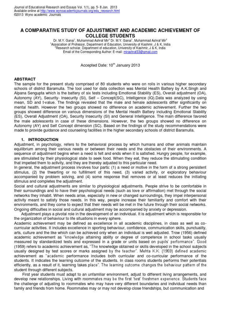 A Comparative Study of Adjustment and Academic Achievement of College ...