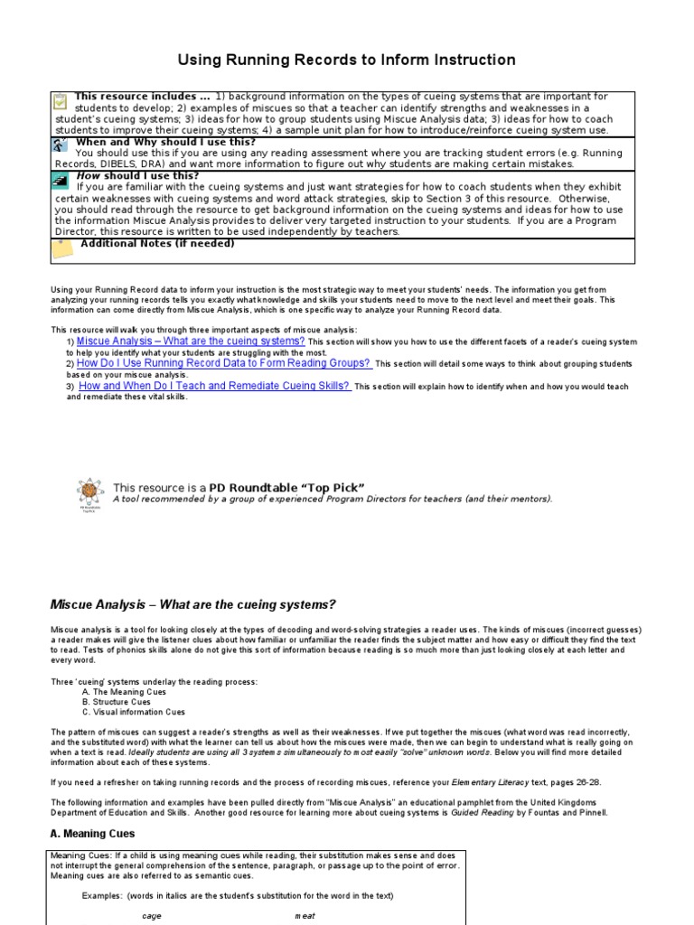 Miscue Analysis | PDF | Reading Comprehension | Reading (Process)