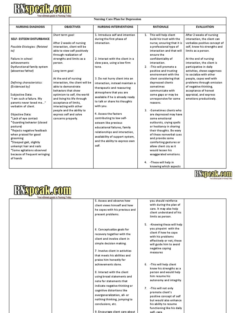 Nursing Care Plan For Depression Emotions Self Improvement