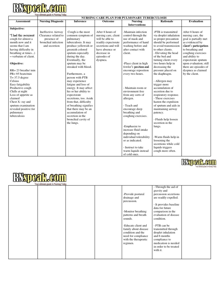 Tuberculosis Nursing Care Plan Ineffective Airway Clearance Cough
