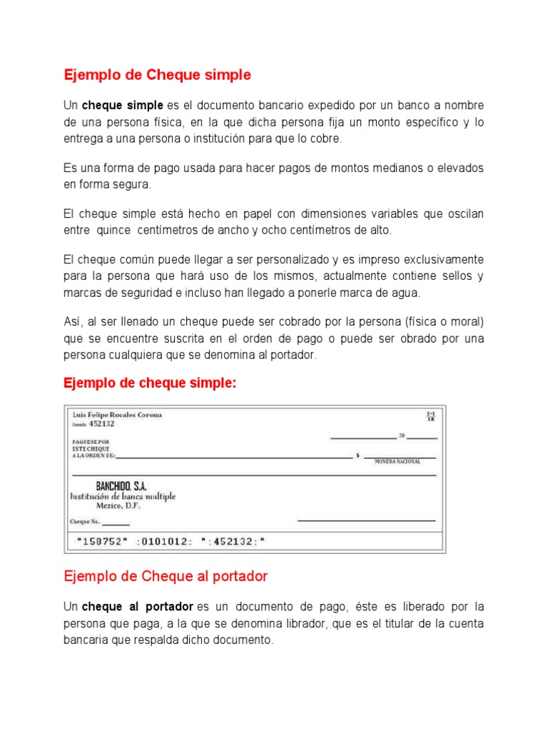 Ejemplo de Cheque Simple | PDF | Cheque | Bancos