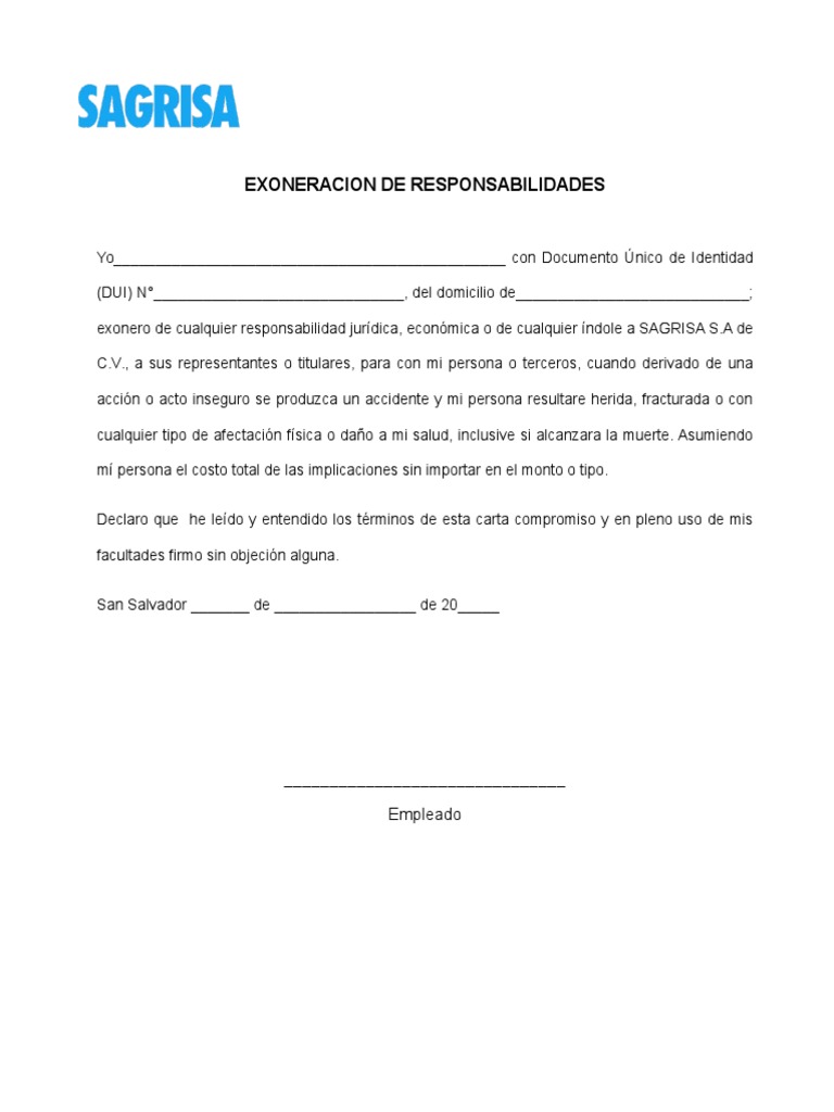 Formato de Carta de Exoneracion de Responsabilidades PDF