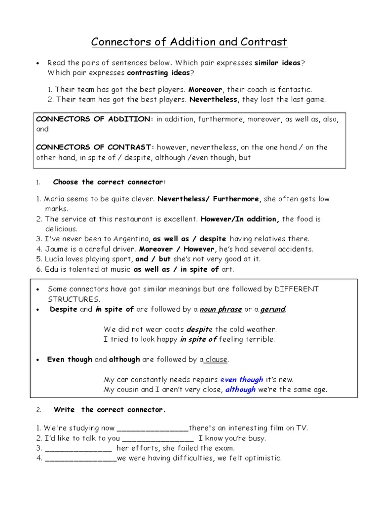 Addition and Contrast Connectors Exercises | PDF | Syntax | Linguistic ...