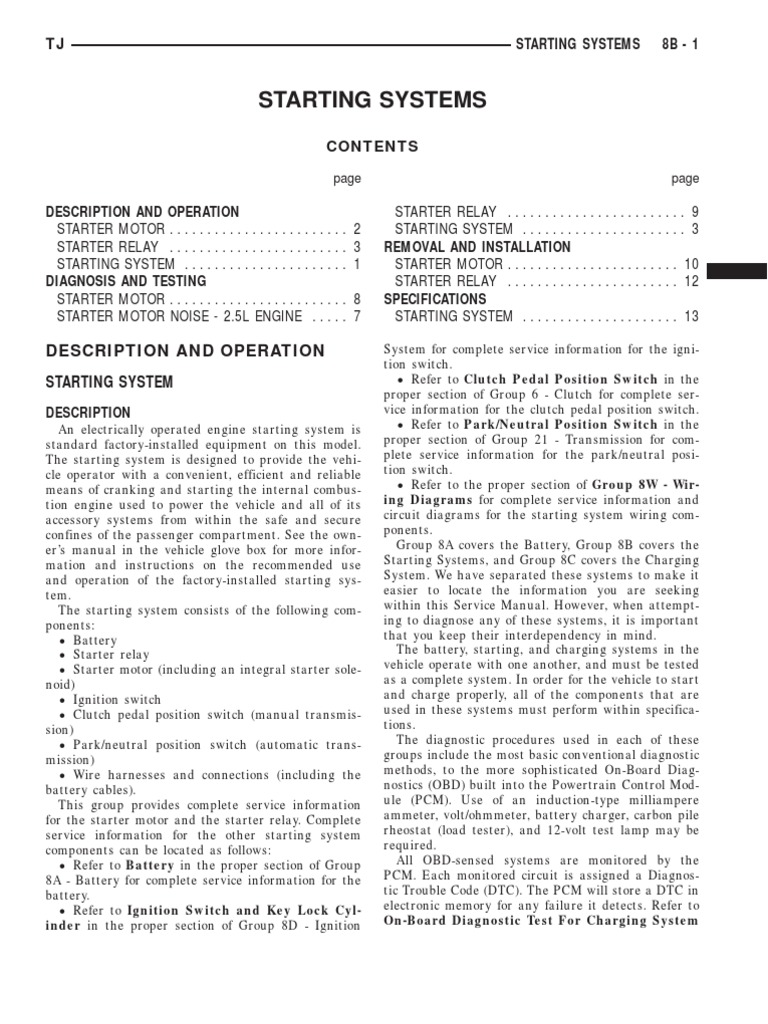 1999 Jeep TJ Wrangler Service Manual - 08. Electrical Systems | PDF |  Electric Motor | Relay