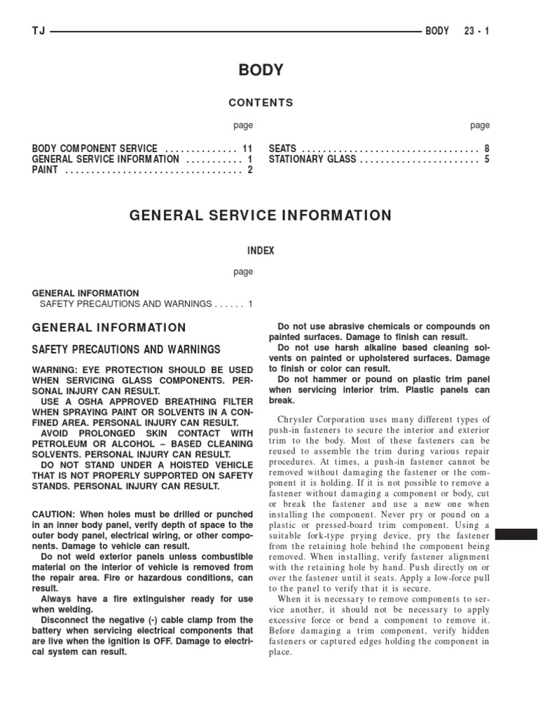1999 Jeep TJ Wrangler Service Manual - 23. Body | PDF | Paint | Fiberglass
