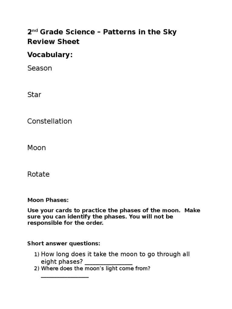 Moon Phases and Sky Patterns Review | PDF | Science & Mathematics