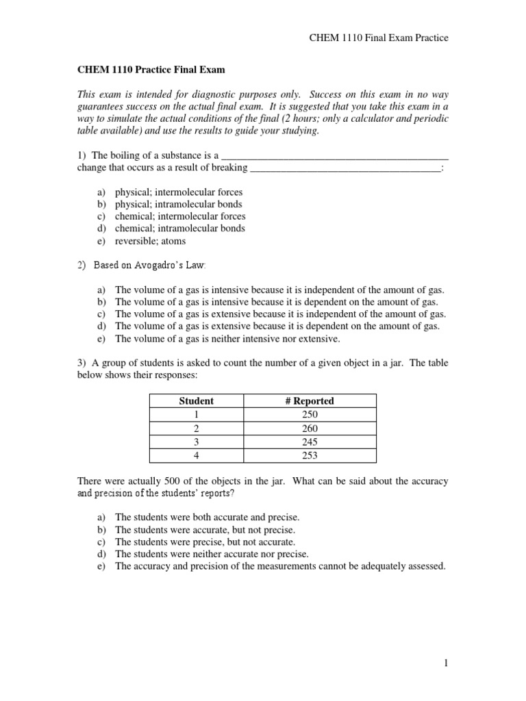 CHEM 1110 Final Exam Practice Guide | PDF | Chemical Polarity ...