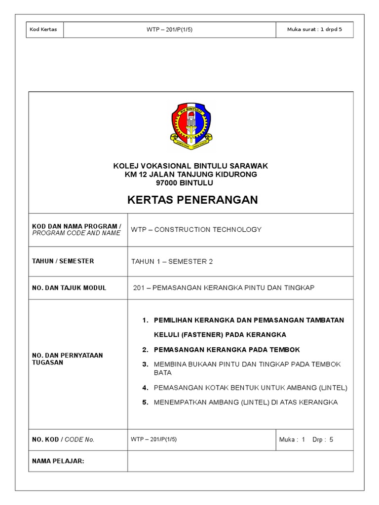 KERTAS PENERANGAN WTP 201 Pemasangan Kerangka Pintu Dan KERTAS PENERANGAN WTP 201 Pemasangan Kerangka Pintu Dan