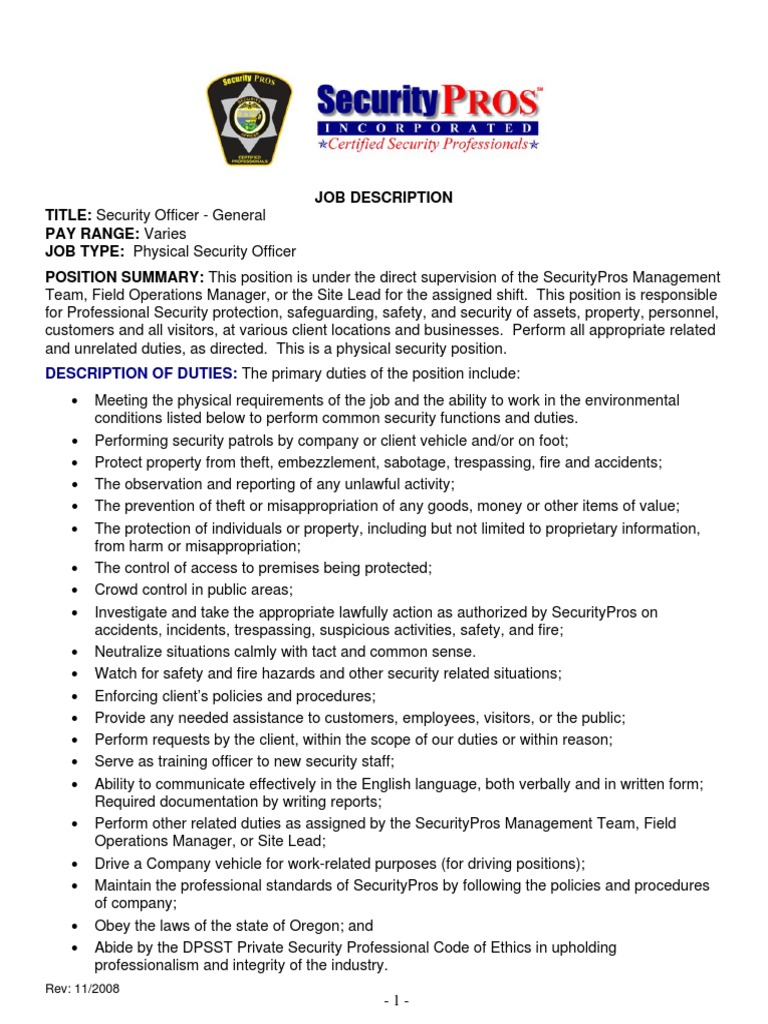 Security Officer Job Description Security Guard Securities