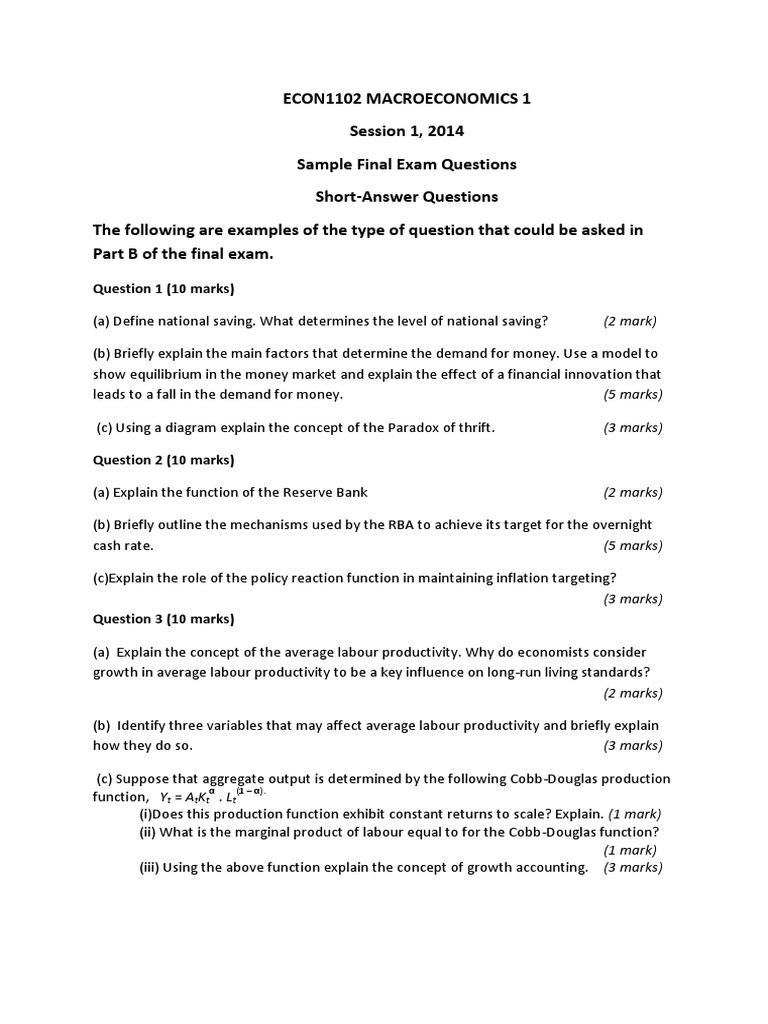 Econ1102 Macroeconomics 1 Sample Exam Questions Inflation Labour