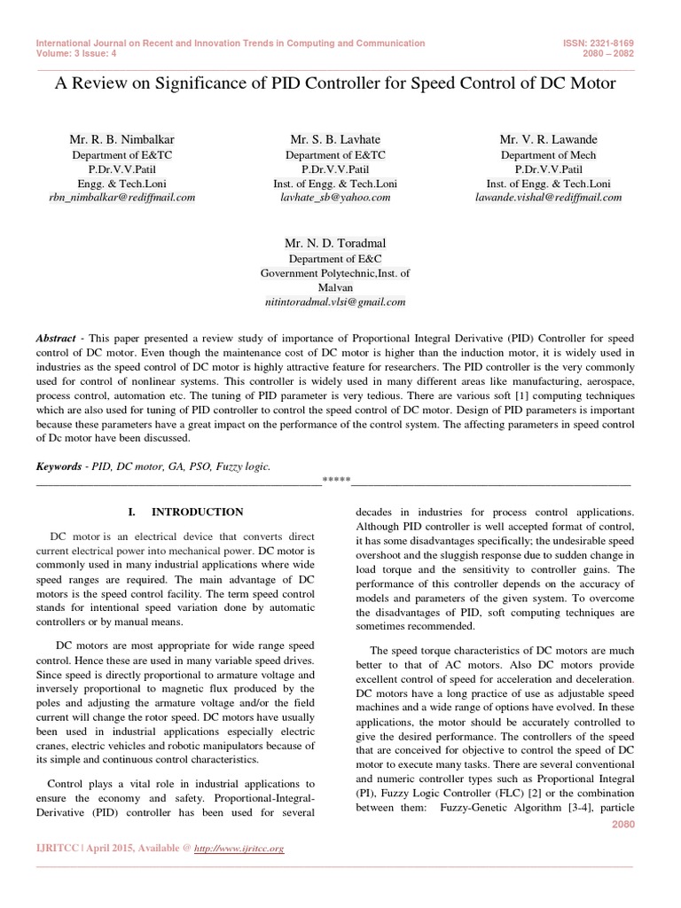 A Review On Significance of PID Controller For Speed Control of DC ...