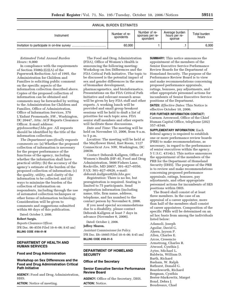 Notice Senior Executive Service Performance Review Board; membership