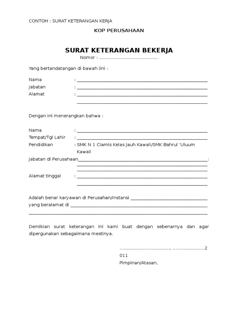 Contoh Surat Keterangan Kerja