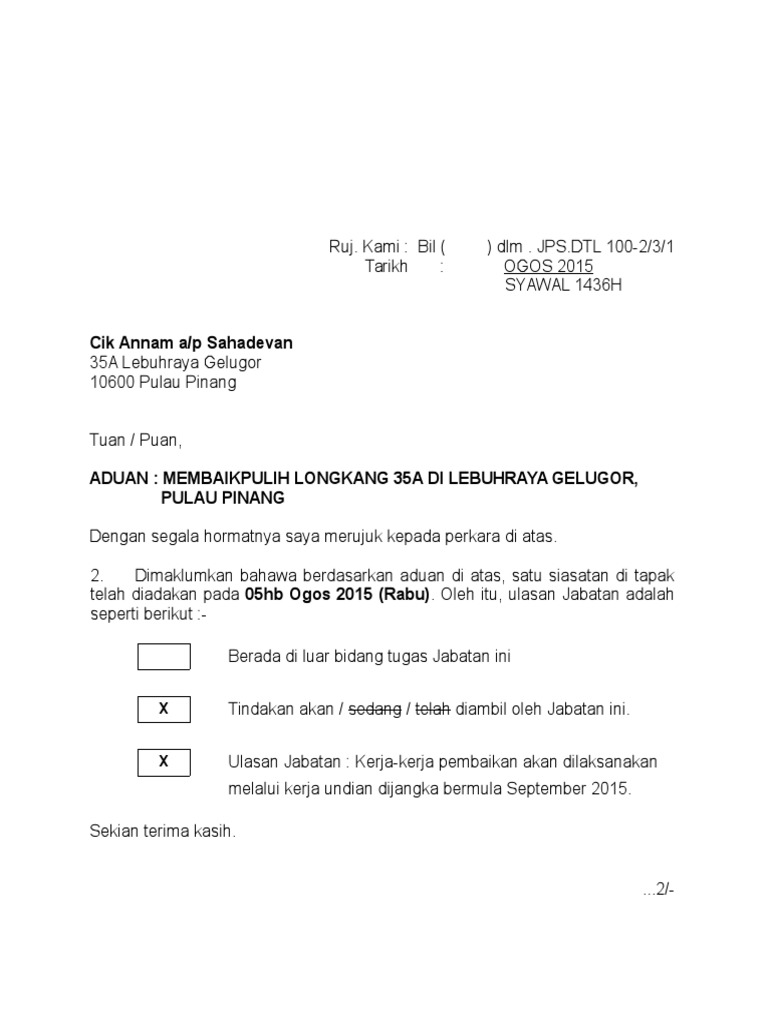Contoh Format Surat Aduan Jps Dtl Pdf