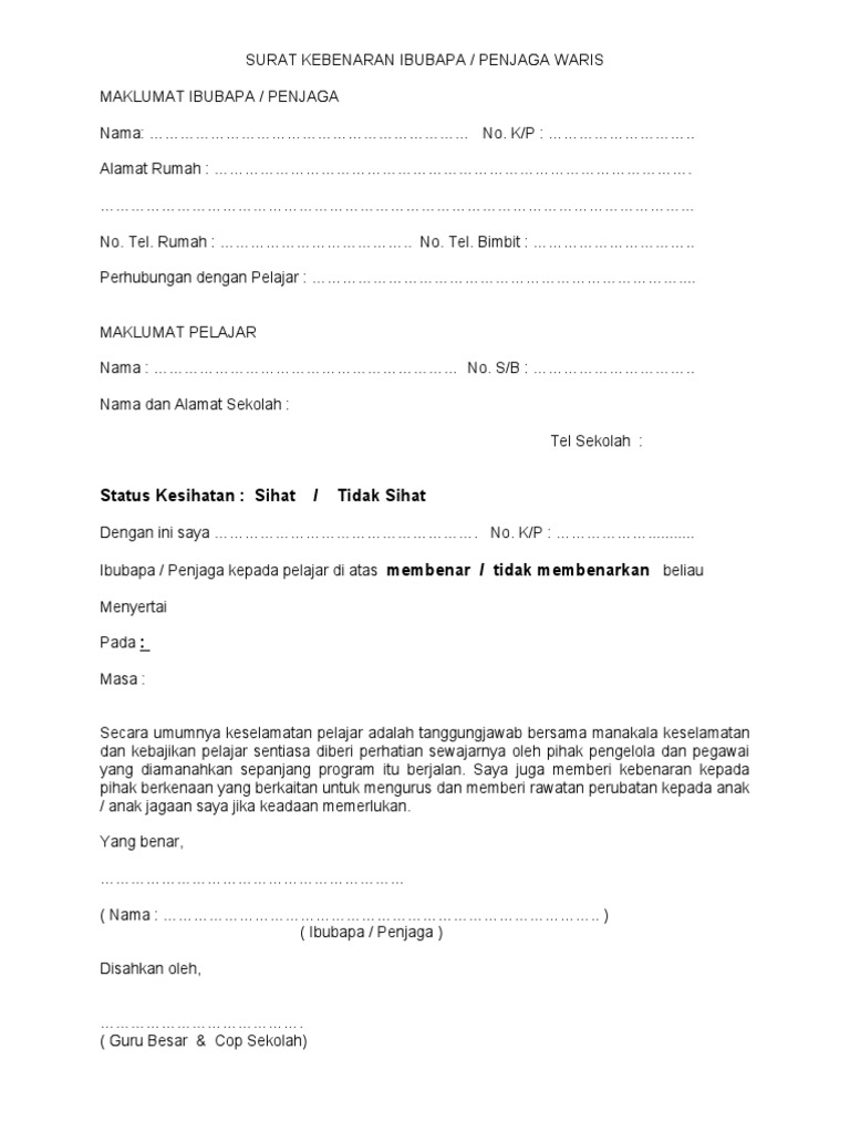 Surat Kebenaran Ibubapa Terbaru