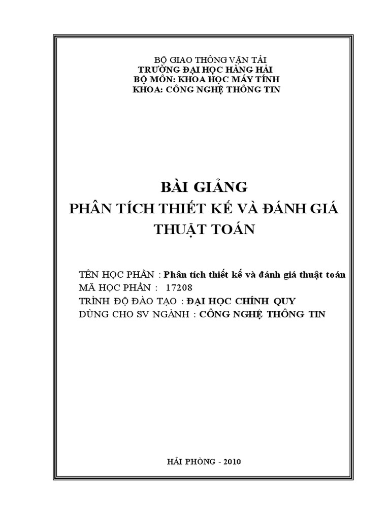 Bai Giang Phan Tich Thiet Ke Va Danh Gia Thuat Toan PDF | PDF