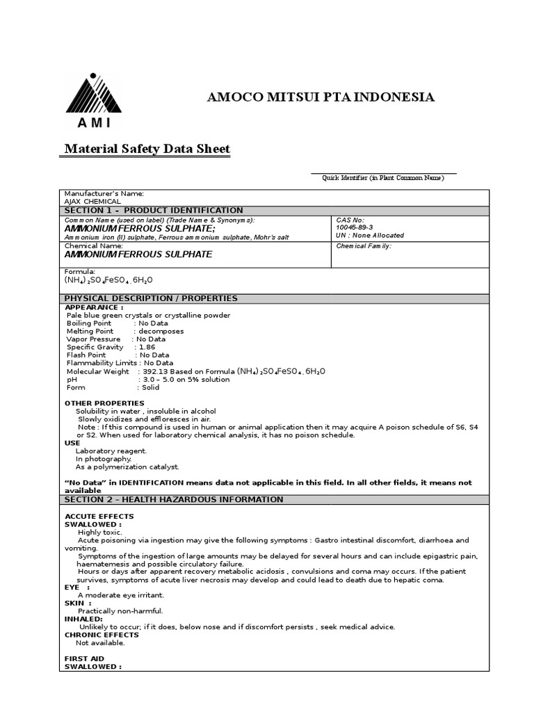 Ammonium Iron(II) sulphate.doc | Materials | Chemical Substances