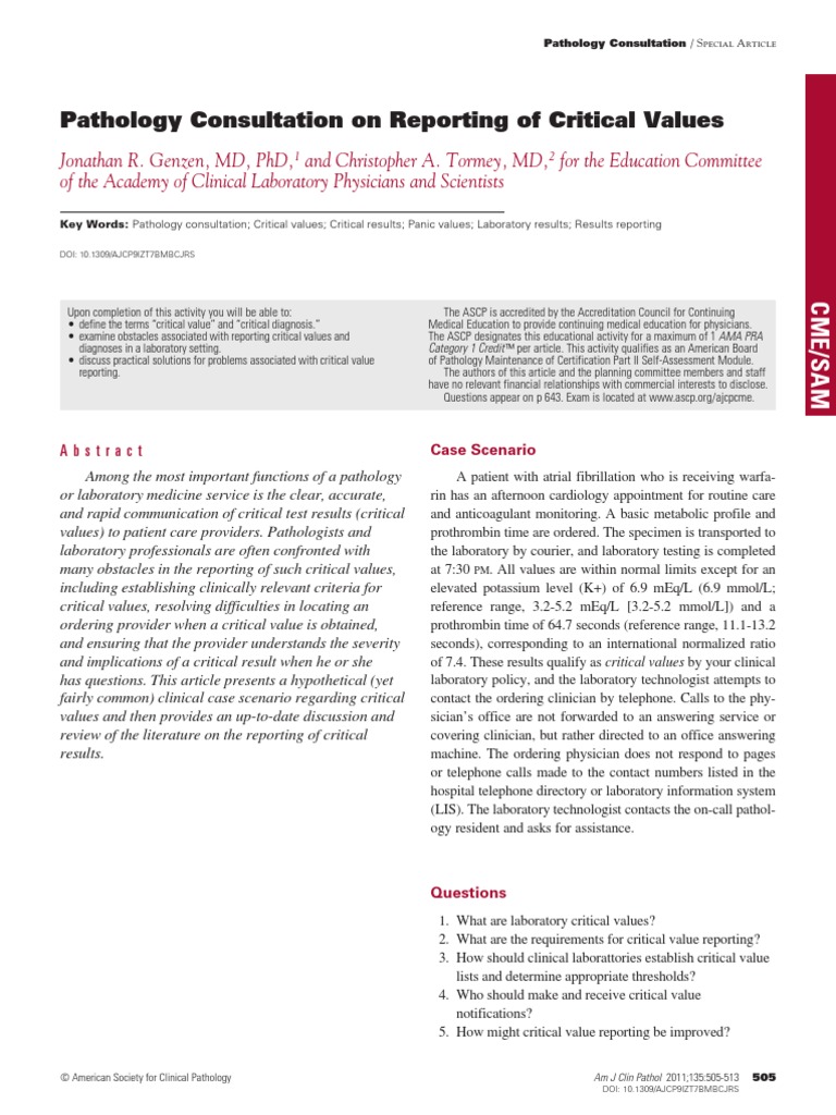 CRITICAL RESULT REPORTING Medical Laboratory Pathology