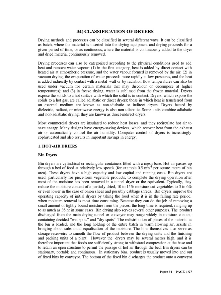 34) Classification of Dryers PDF Freeze Drying Clothes Dryer
