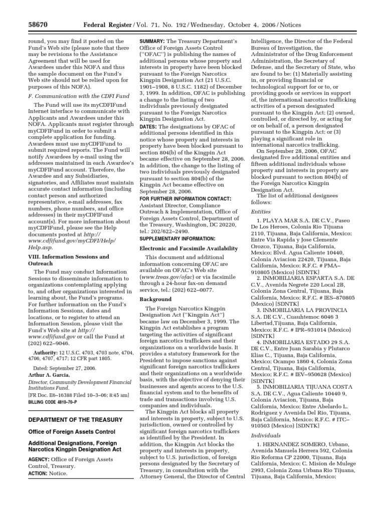 Notice Sanctions; blocked persons, specially designated nationals