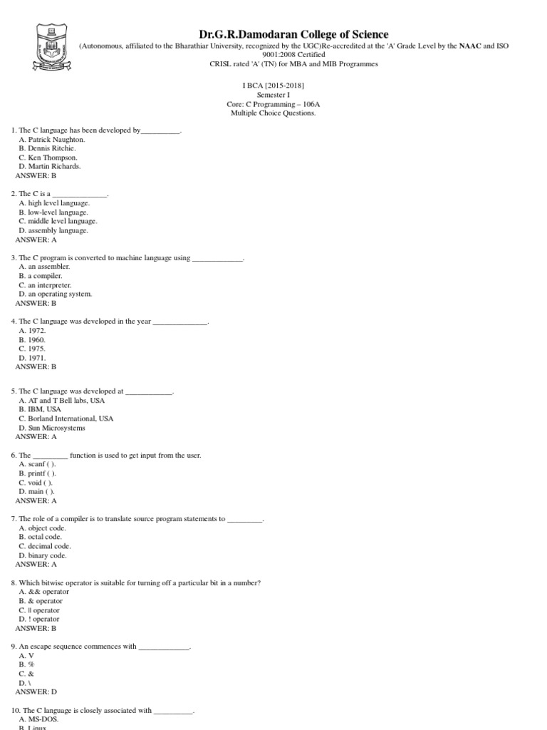 Multiple Choice Questions on C Programming Fundamentals for First Year ...