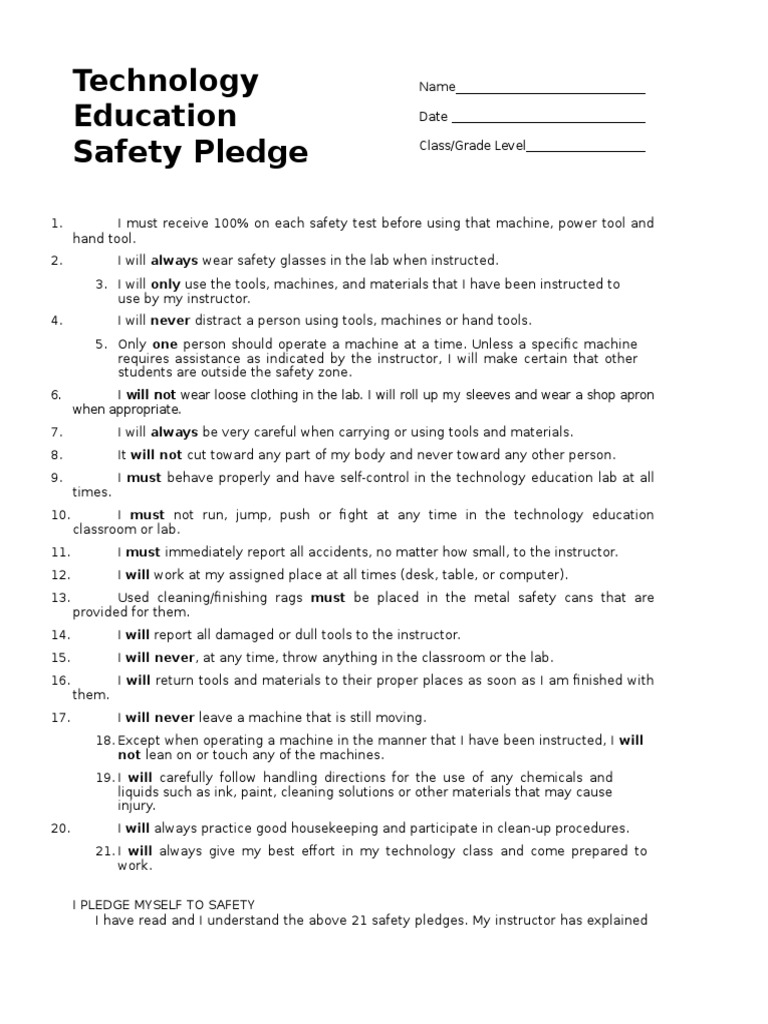 Safety Pledge Tools Classroom