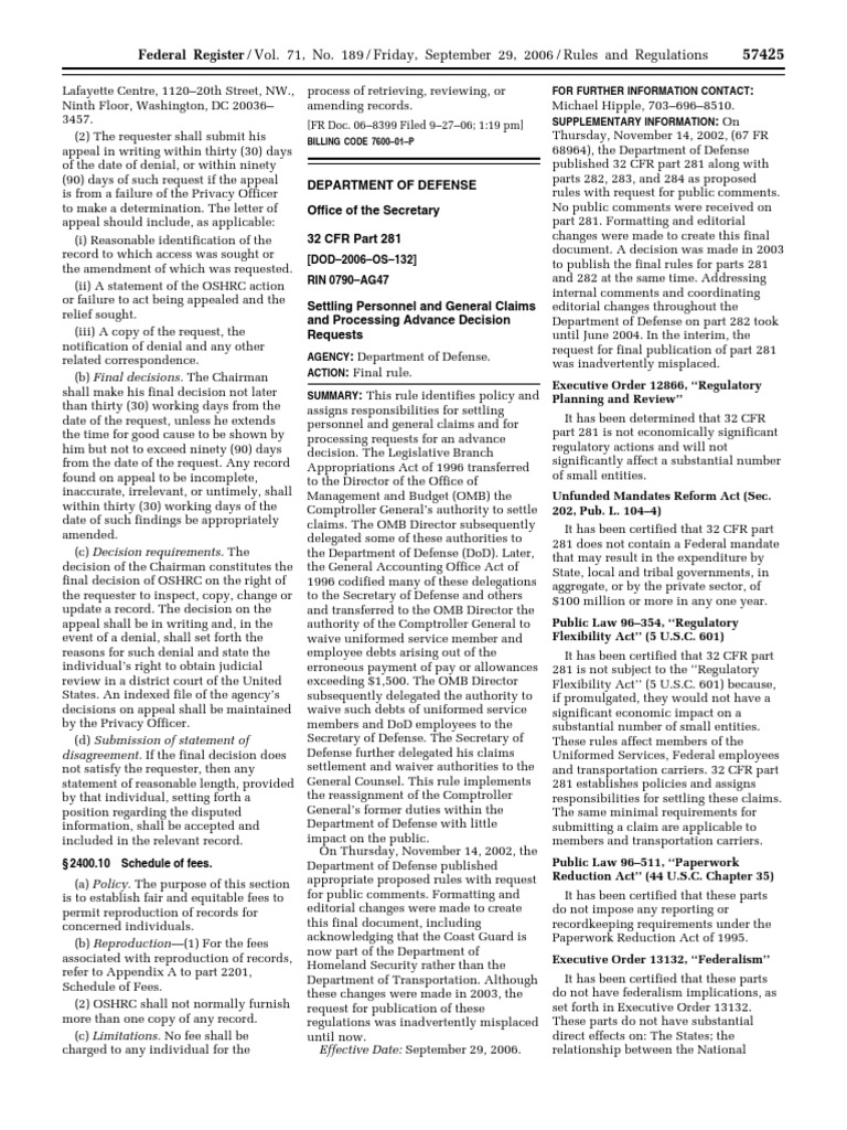 Rule Personnel and General Claims Settlement and Advance Decision Requests Settling and