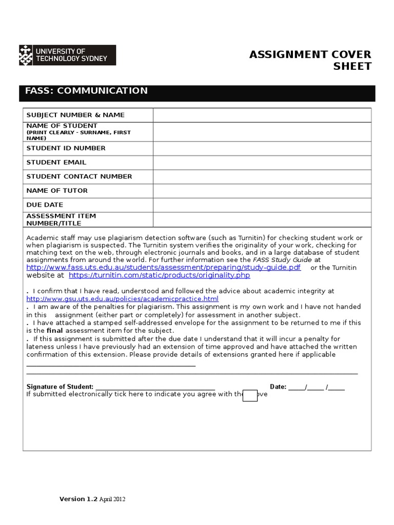 UTS Assignment Cover Sheet FASS | PDF