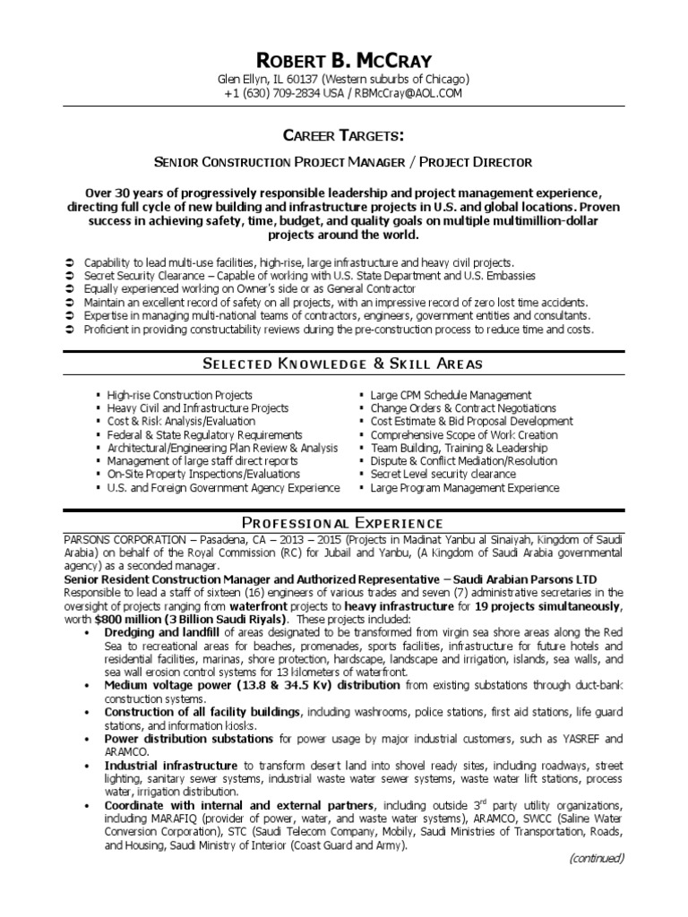 Construction Senior Project Manager in Chicago IL Resume Robert McCray