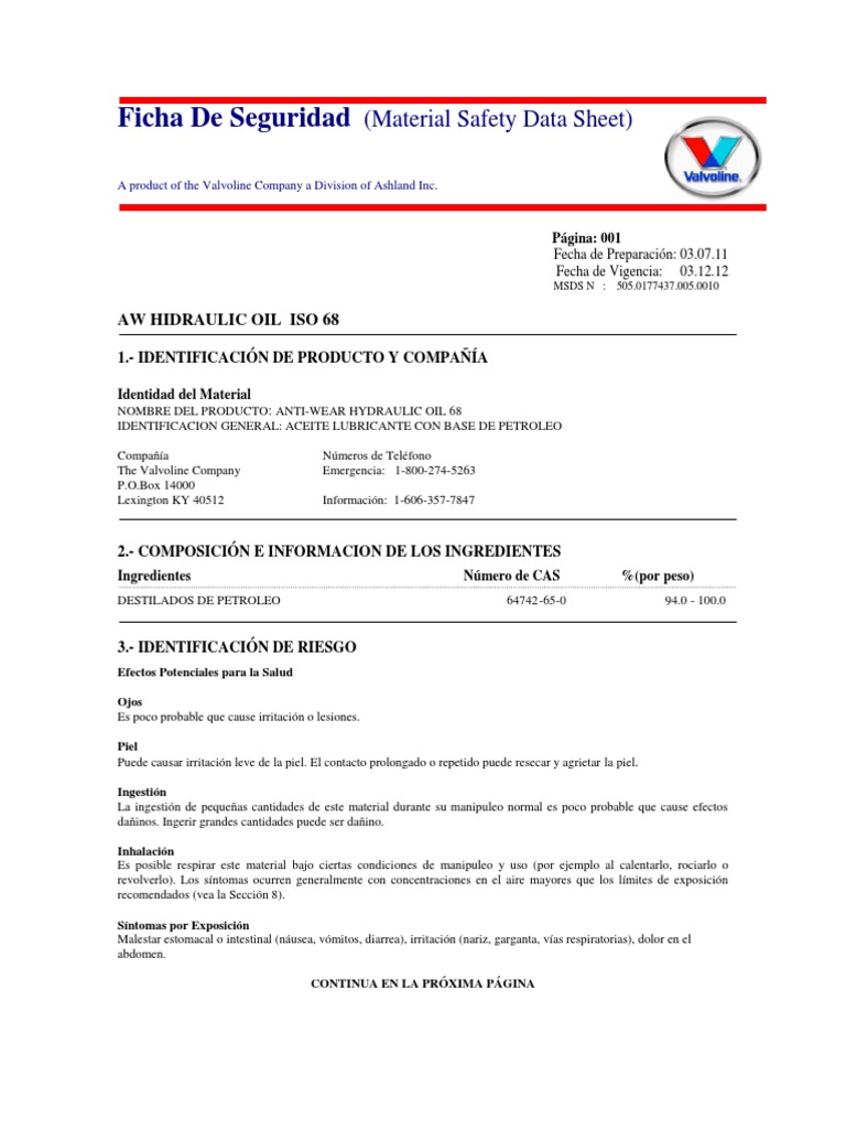3 AW Hydraulic 68 MSDS PDF Seguridad y salud ocupacional Carbón