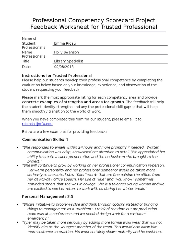 Professional Competency Scorecard Project Feedback Worksheet For
