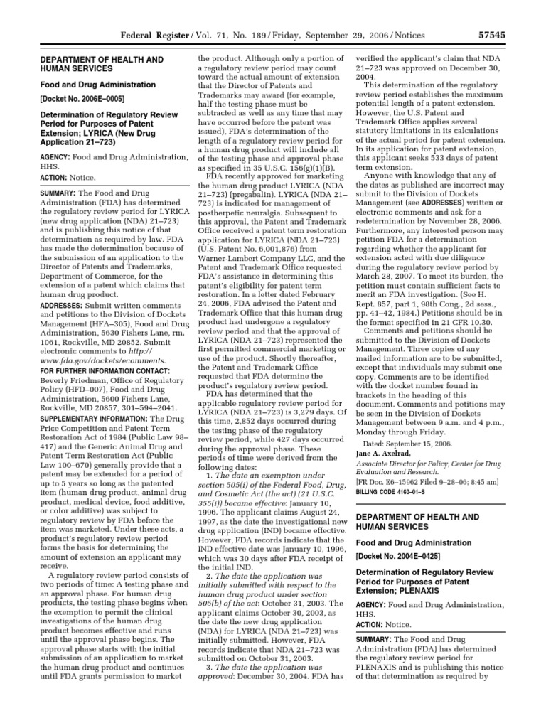 LYRICA Patent Extension Review Period | PDF